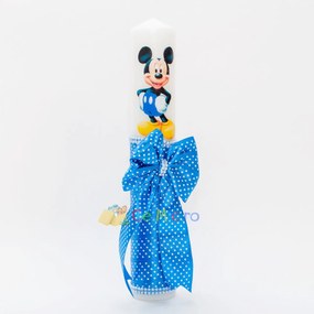 Lumanare botez cu panglica cu buline, funda si margele - Mickey, Albastru Electric, 35x5 cm - LPB-282