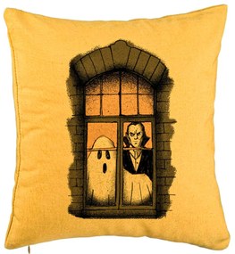 Perna Decorativa de Halloween Fantoma si Vampir, 40x40 cm, Galben, Husa Detasabila, Burduf