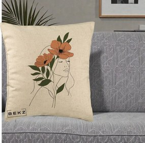 Perna Decorativa Portret Feminin Doua Maci Terracotta, 40x40 cm, Bej, Husa Detasabila, Perna Inclusa, BEKZ®