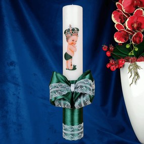 Lumanare botez decorata Print verde 5,5 cm, 30 cm