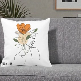 Perna Decorativa Portret Feminin Floare Portocalie, 40x40 cm, Alba Mata, Husa Detasabila, Perna Inclusa, BEKZ®