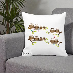 Perna Decorativa Familie de Bufnite pe Ramuri, 40x40 cm, Alba Mata, Husa Detasabila, Perna Inclusa, BEKZ®