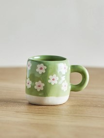 Cană mică din ceramică verde, pictată manual cu motiv floral, „Millie", 6 x 7 cm, 110 ml