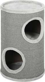 PawHut Cilindru de zgâriat, înălțime 60 cm Ø 35 cm, model cu două nivele și 2 bârloguri, margine din pluș, pentru 1-2 pisici până la 5 kg, gri deschis | Aosom Romania