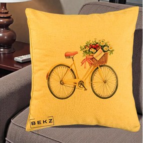 Perna Decorativa Bicicleta Galbena cu Cos de Flori Primavara, 40x40 cm, Galben, Husa Detasabila, Perna Inclusa, BEKZ®