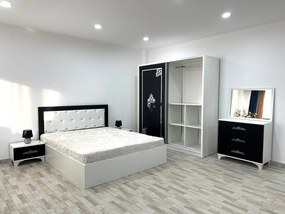 Dormitor Milano, culoare alb / negru, cu pat tapitat 160 x 200 cm, dulap cu 2 usi, comoda cu oglinda, 2 noptiere