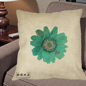 Perna Decorativa Floare Gerbera Teal Acuarela, 40x40 cm, Crem, Husa Detasabila, Perna Inclusa, BEKZ®