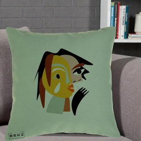 Perna Decorativa Portret Abstract Galben-Ocru, 40x40 cm, Verde, Husa Detasabila, Perna Inclusa, BEKZ®