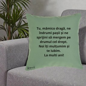 Cadou pentru Mama - Perna Personalizata Mamico Draga Te Iubim La Multi Ani cu Text Negru, 40x40 cm, Verde, Husa Detasabila, Perna Inclusa, BEKZ®