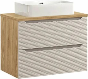 Set dulap baza suspendat 80 cm cu blat si lavoar Comad Ocean bej si stejar uleiat