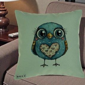 Perna Decorativa Bufnita Albastra cu Inimioare, 40x40 cm, Verde, Husa Detasabila, Perna Inclusa, BEKZ®