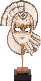 Mască decorativă din polirășină, alb și auriu, pe suport, 37 x 20 x 9 cm, „Carnaval”