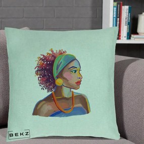 Perna Decorativa Portret Femeie Urbana Acuarela, 40x40 cm, Verde Menta, Husa Detasabila, Perna Inclusa, BEKZ®
