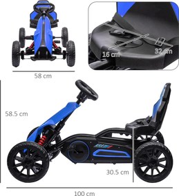 Kart cu pedale pentru copii cu vârsta de 3-8 ani cu scaun reglabil în 4 poziții și roți EVA, 100x58x58,5cm, albastru-negru HOMCOM | Aosom Romania