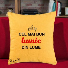 Cadou pentru Bunic - Perna Personalizata Cel Mai Bun Bunic Din Lume Coroana Rosu, 40x40 cm, Galben, Husa Detasabila, Perna Inclusa, BEKZ®