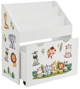 Bibliotecă pentru copii cu 3 compartimente și cutie extensibilă pentru jucării