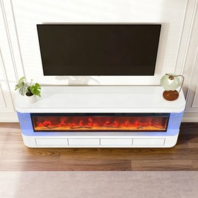 Șemineu Electric cu Flacără LED în 7 Culori, Comodă TV, Bluetooth, Difuzoare Integrate, Iluminare LED Ambientală, Telecomandă, MDF, Finisaj Alb Oglindă