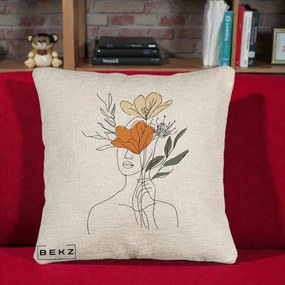 Perna Decorativa Portret Feminin Coroana Florala, 40x40 cm, Bej Canapea, Husa Detasabila, Perna Inclusa, BEKZ®