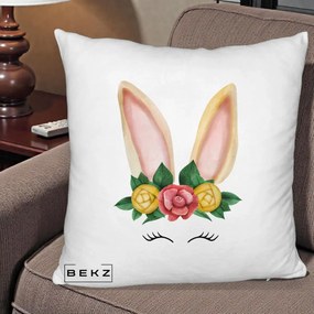 Perna Decorativa Iepuras Flori Urechi Pastelui, 40x40 cm, Alb Pufos, Husa Detasabila, Perna Inclusa, BEKZ®