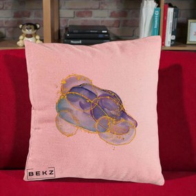 Perna Decorativa Abstract Acuarela Albastru-Mov cu Cercuri Aurii, 40x40 cm, Roz, Husa Detasabila, Perna Inclusa, BEKZ®