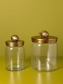 Set 2 borcane din sticlă cu capac din alamă antichizată și mâner în formă de con de brad, 22 × 15 cm, „Pomme"