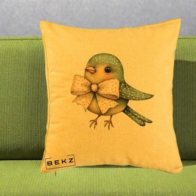 Perna Decorativa Pasare Teal cu Fundita cu Buline, 40x40 cm, Galben, Husa Detasabila, Perna Inclusa, BEKZ®