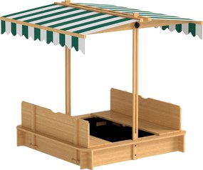 Outsunny Cutie de nisip 106x106 cm pentru copii, din lemn, cu acoperiș reglabil, bănci și spătare Maro deschis | Aosom Romania