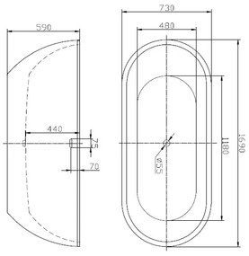 Cadă de baie tip insulă, Florida, Aura, ovală, cu instalație cu ventil click clack, 169 cm