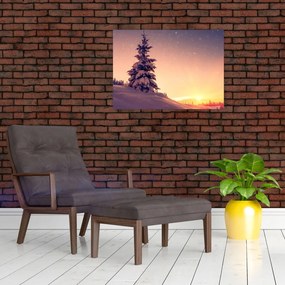 Tablou pe sticlă cu copac înzăpezit pe luncă (70x50 cm)