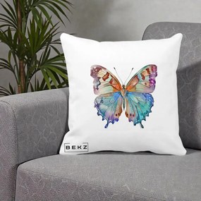 Perna Decorativa Fluture Acuarela Multicolor Portocaliu-Bleu-Mov, 40x40 cm, Alba Mata, Husa Detasabila, Perna Inclusa, BEKZ®