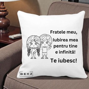 Cadou pentru Frate - Perna Personalizata Fratele Meu Te Iubesc Copii Anime Line Art Negru, 40x40 cm, Alba Mata, Husa Detasabila, Perna Inclusa, BEKZ®