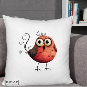 Perna Decorativa Pasare Rosie Exuberanta cu Spirale, 40x40 cm, Alb Pufos, Husa Detasabila, Perna Inclusa, BEKZ®