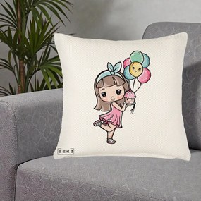 Perna Decorativa Fetita Kawaii cu Baloane si Cupcake, 40x40 cm, Crem Reliefat, Husa Detasabila, Perna Inclusa, BEKZ®