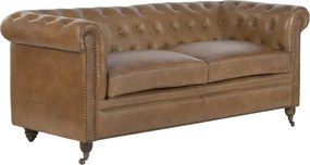 Canapea Chesterfield cu 3 locuri din piele, maro, spătar și brațe capitonate cu ținte, picioare cu rotile, finisaj patinat, 80 x 190 x 77 cm,