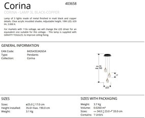 Lustra cu 3 pendule LED design modern Corina negru/ cupru