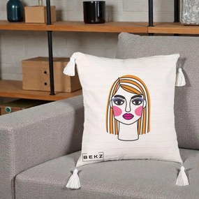 Perna Decorativa Portret Pop Art Fata, 40x40 cm, Bej cu Franjuri, Husa Detasabila, Perna Inclusa, BEKZ®