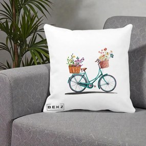 Perna Decorativa Bicicleta Florala Turcoaz Acuarela, 40x40 cm, Alba Mata, Husa Detasabila, Perna Inclusa, BEKZ®
