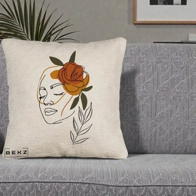 Perna Decorativa Portret Feminin Trandafir Ruginiu, 40x40 cm, Bej Canapea, Husa Detasabila, Perna Inclusa, BEKZ®