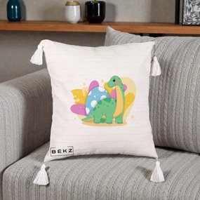 Perna Personalizata Dinozaur cu Ou Pastelat, 40x40 cm, Bej cu Franjuri, Husa Detasabila, Perna Inclusa, BEKZ®