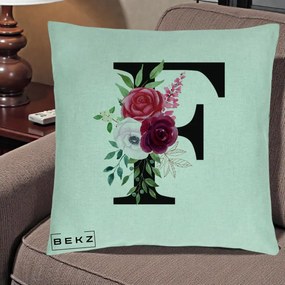 Cadou Personalizat - Perna Personalizata Monograma Florala Litera F, 40x40 cm, Verde Menta, Husa Detasabila, Perna Inclusa, BEKZ®
