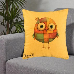 Perna Decorativa Pasare Patchwork Colorata, 40x40 cm, Galben, Husa Detasabila, Perna Inclusa, BEKZ®
