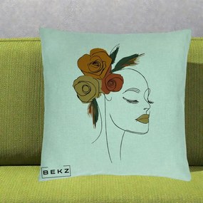 Perna Decorativa Portret Feminin Trandafiri Ruginii, 40x40 cm, Verde Menta, Husa Detasabila, Perna Inclusa, BEKZ®