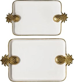 Set 2 tăvi albe din aluminiu cu mânere ananas, 51×30 cm