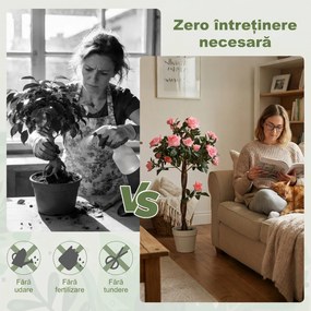 Outsunny Plantă Artificială de Trandafiri cu 21 de Flori, Ghiveci Umplut cu Ciment și Mușchi, Ø18x90 cm, Roz | Aosom Romania