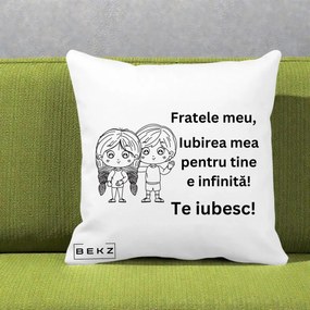 Cadou pentru Frate - Perna Personalizata Fratele Meu Te Iubesc Copii Anime Line Art Negru, 40x40 cm, Alba Mata, Husa Detasabila, Perna Inclusa, BEKZ®
