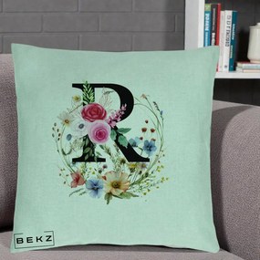 Cadou Personalizat - Perna Personalizata Monogram Litera R cu Flori Acuarela, 40x40 cm, Verde Menta, Husa Detasabila, Perna Inclusa, BEKZ®