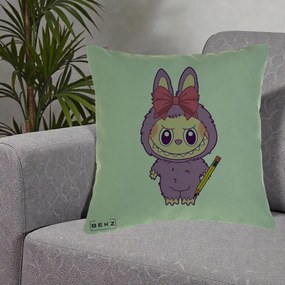 Perna Personalizata Labubu Mov cu Funda Rosie si Creion, 40x40 cm, Verde, Husa Detasabila, Perna Inclusa, BEKZ®