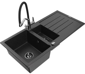Mexen Andres chiuvetă din granit cu 1,5 cuve și scurgător și baterie de bucătărie Duo, negru/argintiu - 6515-73-671701-07-B