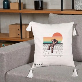 Perna Decorativa Astronaut Retro Space, 40x40 cm, Bej cu Franjuri, Husa Detasabila, Perna Inclusa, BEKZ®