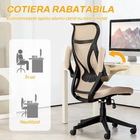 HOMCOM Scaun Ergonomic de Birou cu Brațe Rabatabile, Tetieră, Înălțime Reglabilă și Funcție de Leagăn, 66x66x121 cm, Bej | Aosom Romania